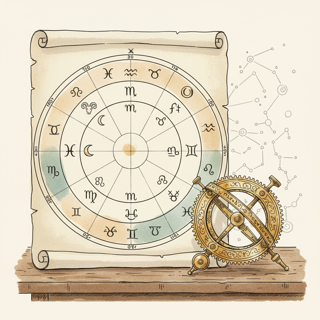 Thème astral circulaire tracé sur vélin avec astrolabe posé à côté