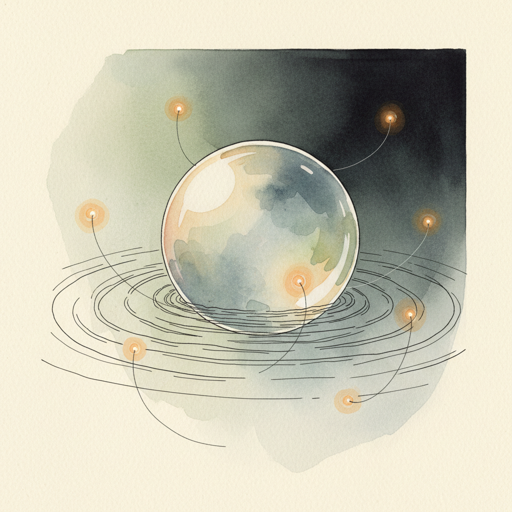 Sphère translucide irisée rayonnant d'ondes concentriques sur fond de nuit étoilée