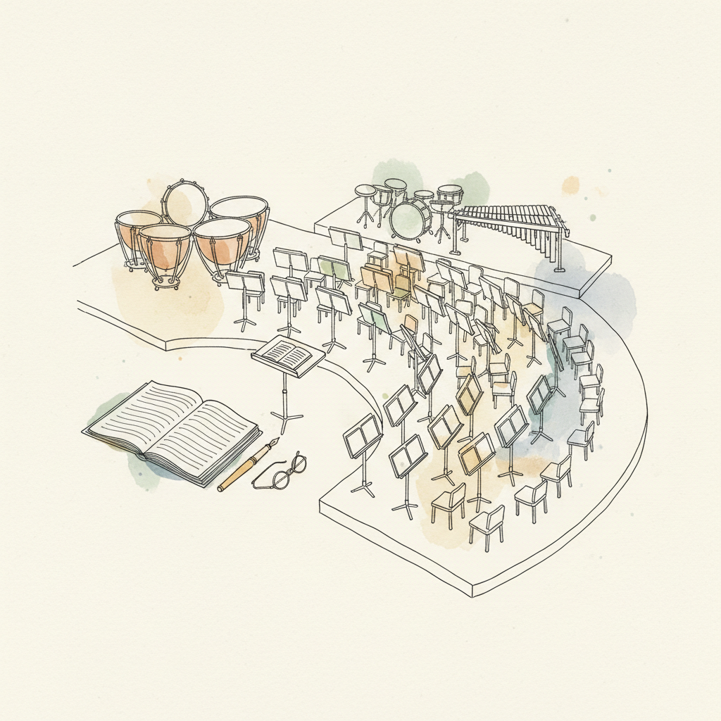 Plan de plateau orchestral vu de haut avec pupitres en arc et partition ouverte