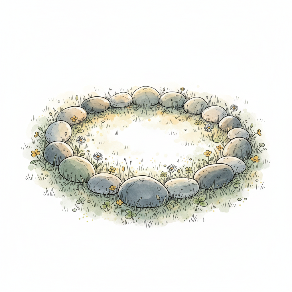 Cercle sacré de 28 pierres posées sur l'herbe dans la lumière du matin