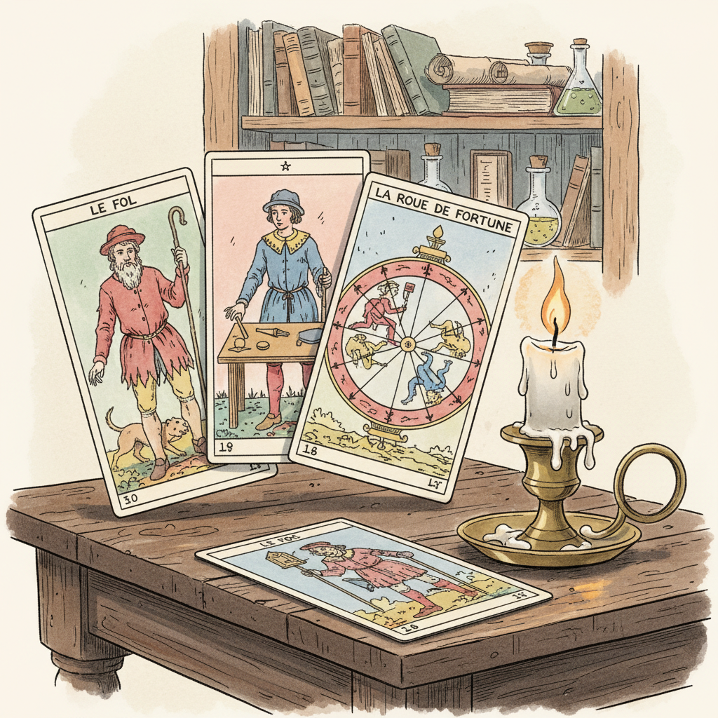 Trois cartes du Tarot Conver 1760 posées sur un établi de tarologue