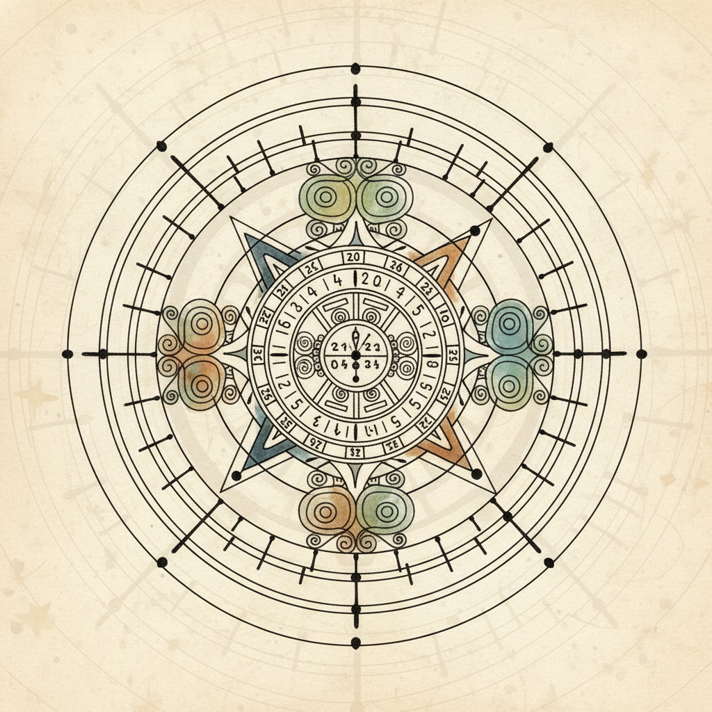 Roue sacrée maya avec quatre glyphes Tzolk'in autour d'un cadran central