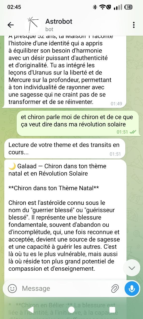Conversation Telegram avec Astrobot sur Chiron en révolution solaire