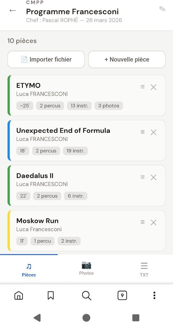 Programme d'un concert avec pièces et leurs couleurs de barnier