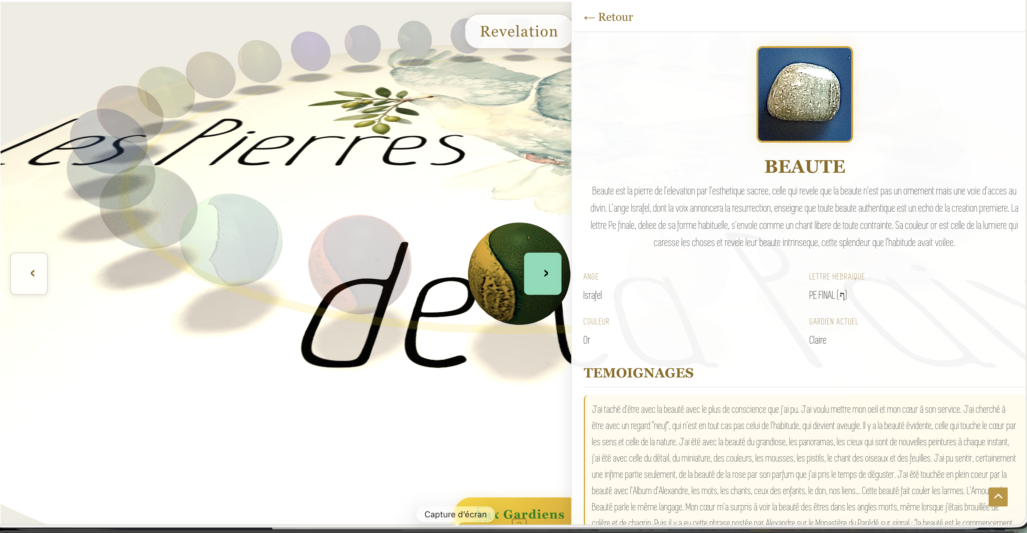 Page détail d'une pierre avec témoignages des porteurs