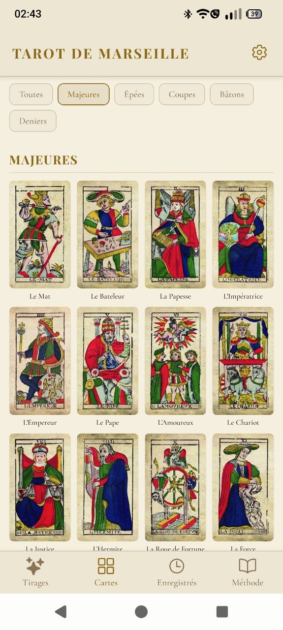 Bibliothèque des 78 lames filtrées par famille