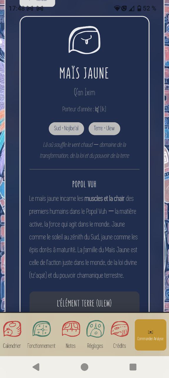 Fiche encyclopédique d'un porteur d'année avec références au Popol Vuh