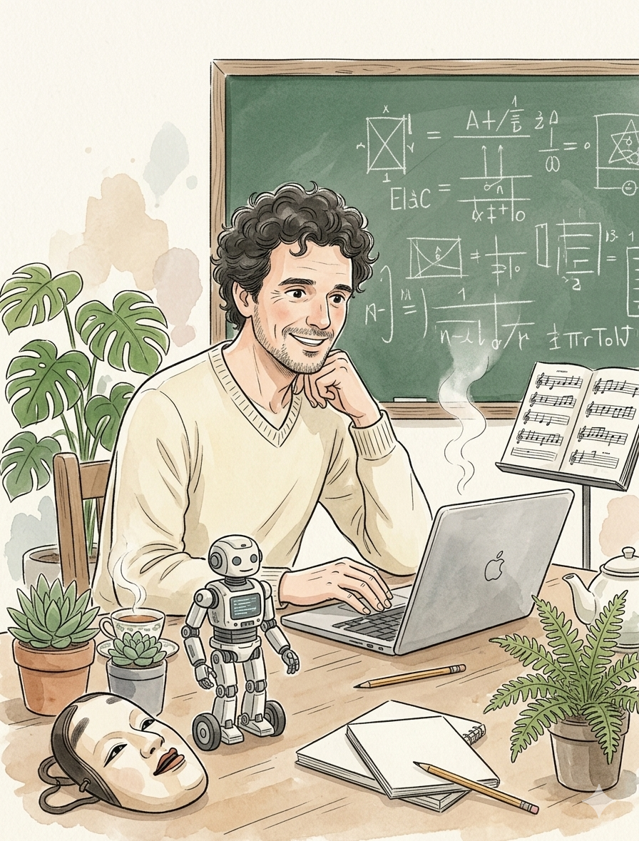 Alexandre Ferran à son bureau face à une fenêtre d'atelier, dessin aquarelle