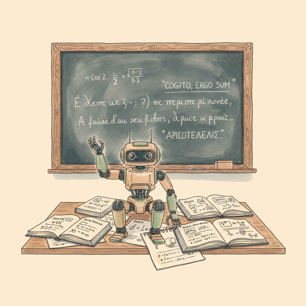 Petit robot sur un bureau d'enfant, tableau noir derrière