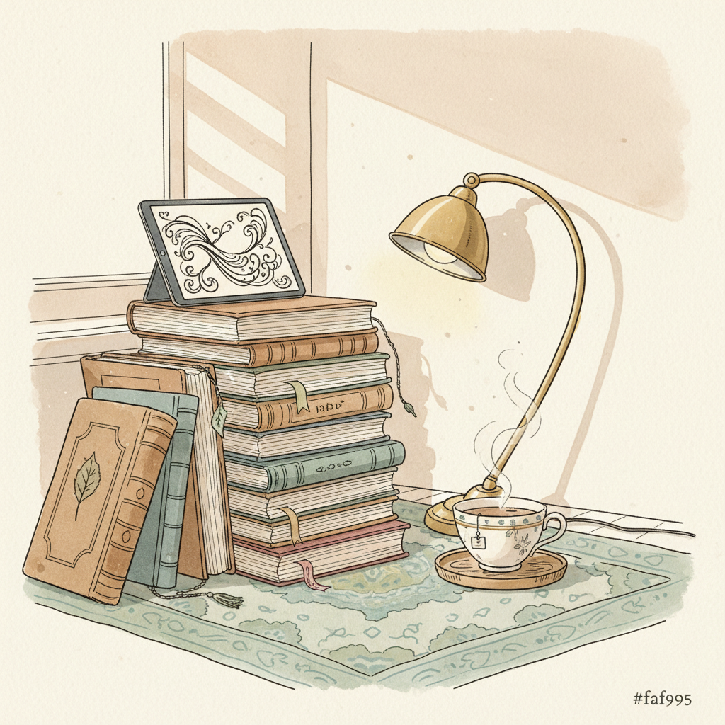 Bibliothèque avec livres, tablette et lampe chaude