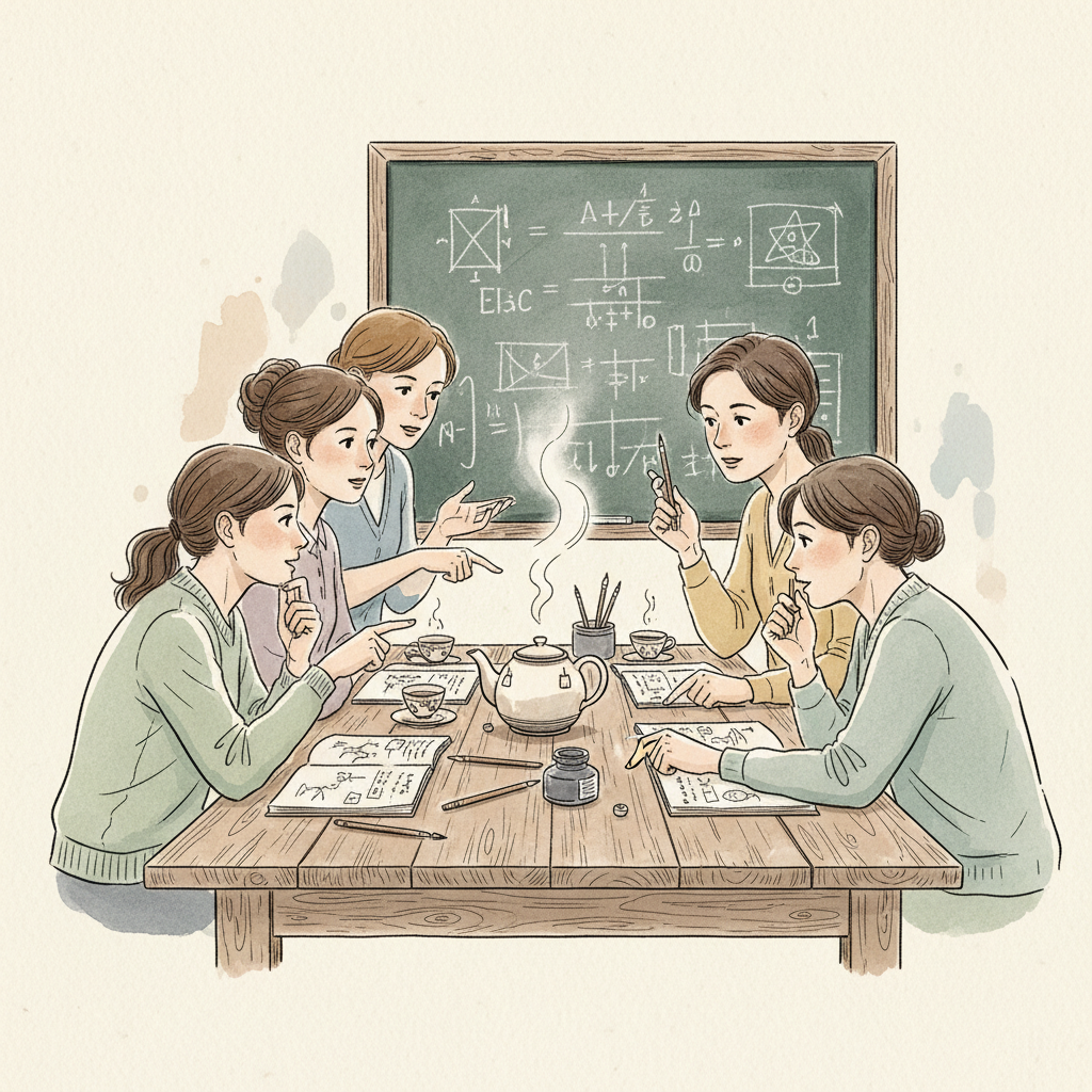 Groupe autour d'une table d'atelier avec tableau