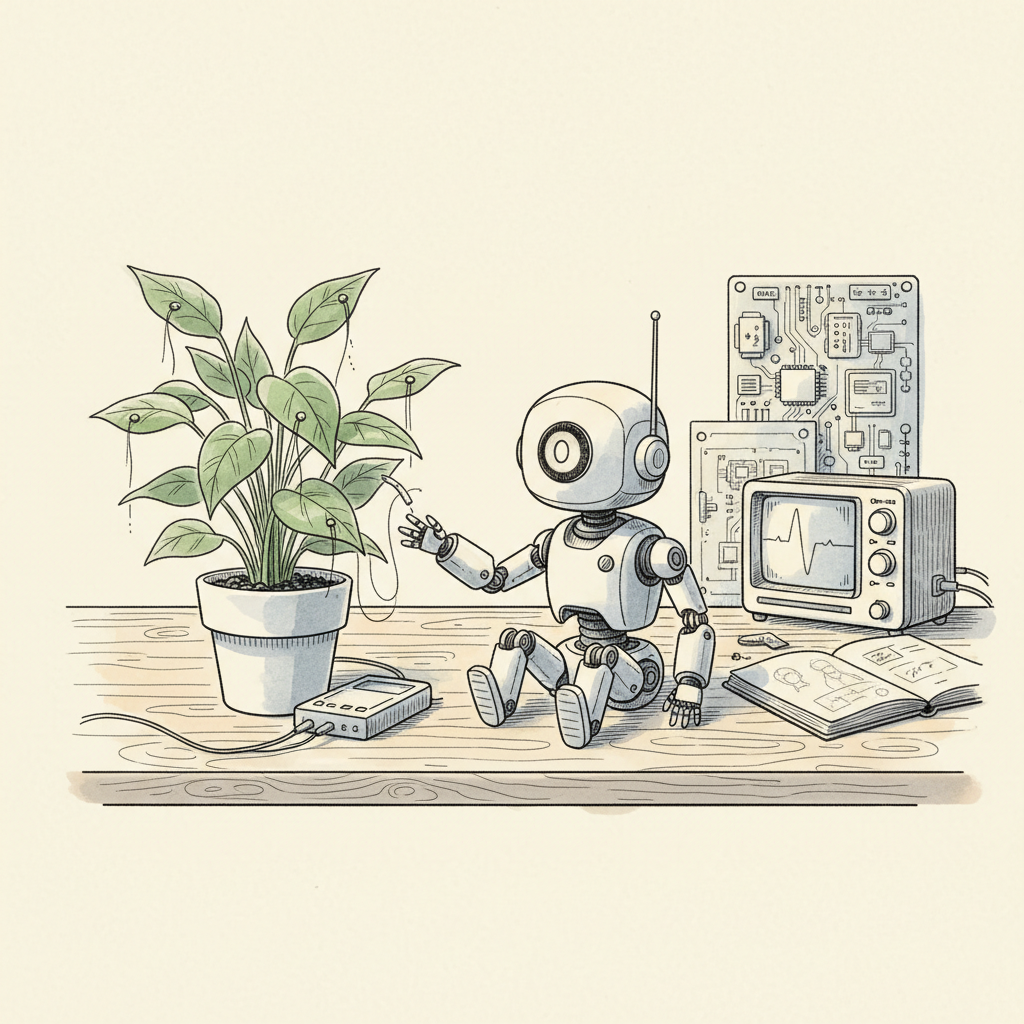 R&D workbench with companion robot, plant sensors, oscilloscope