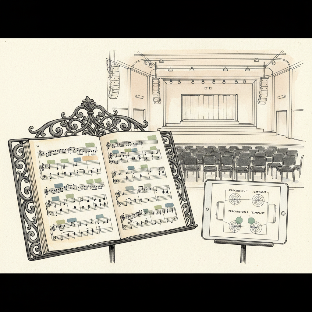 Partition orchestrale avec balises colorées