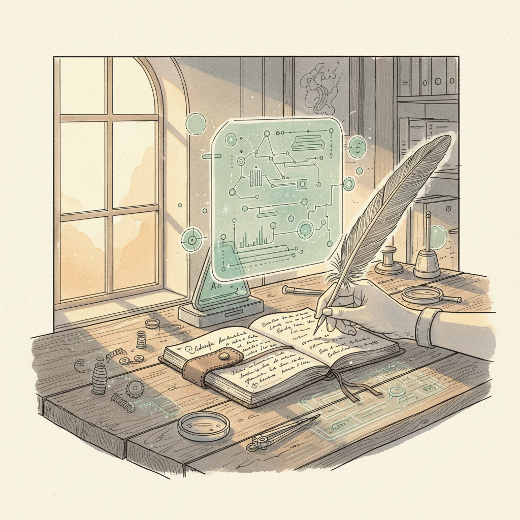 Craftsman's workshop with mixed human and AI tools