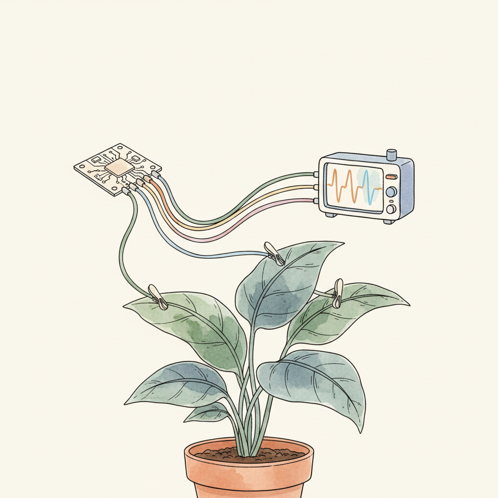 Plante en pot avec électrodes sur ses feuilles